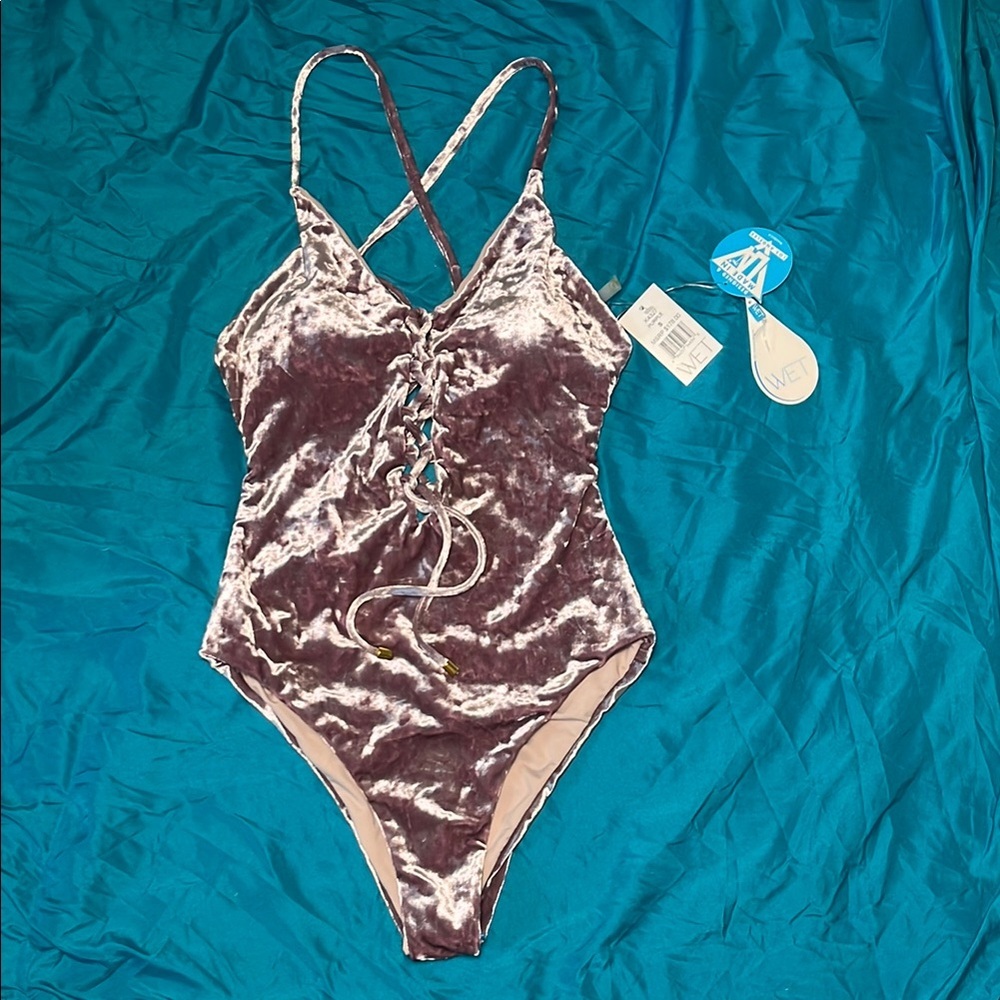 New WET‎ Swimwear Purple Velour Deep V Lace Up One Piece Size S
